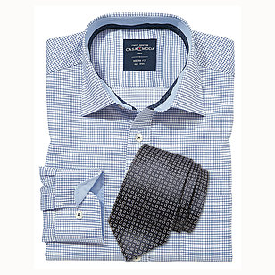 Business Hemd wei mit blauem Karo + Seiden-Krawatte
