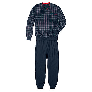 Gtzburg | Pyjama | Schlafanzug Langarm | V-Kragen | Baumwolle | Marine Karo