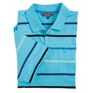 Navigazione | Bgelfreies Polohemd mit Bund | Querstreifen, mit Knopfleiste und Brusttasche | Farbe aqua