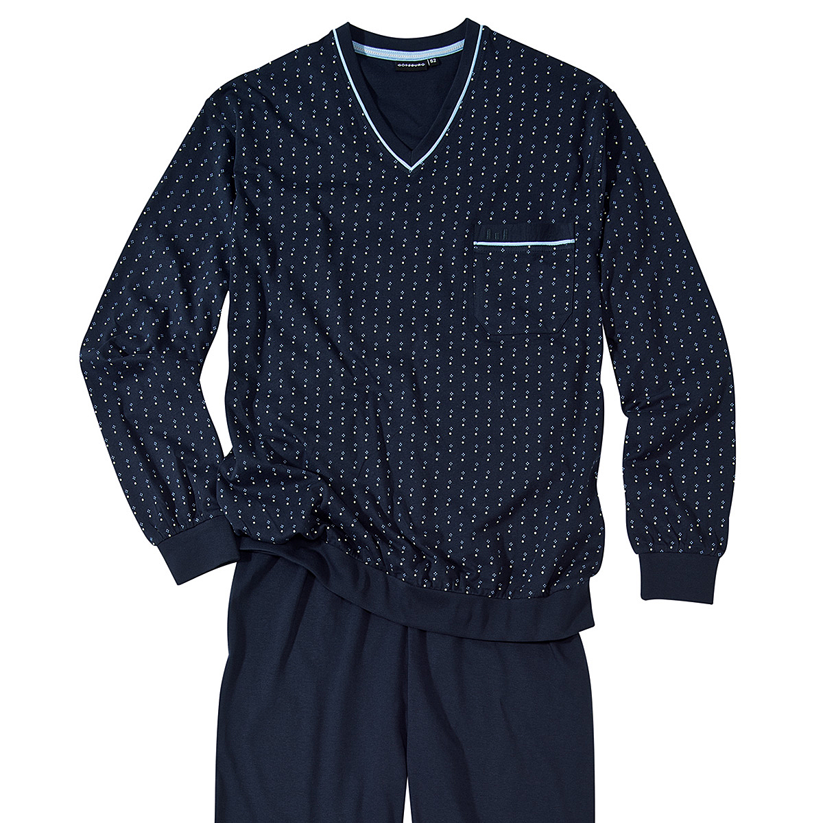 Götzburg | Pyjama | Schlafanzug Langarm | V-Kragen | Baumwolle | Marine  Azur | Größenspezialist Männermode