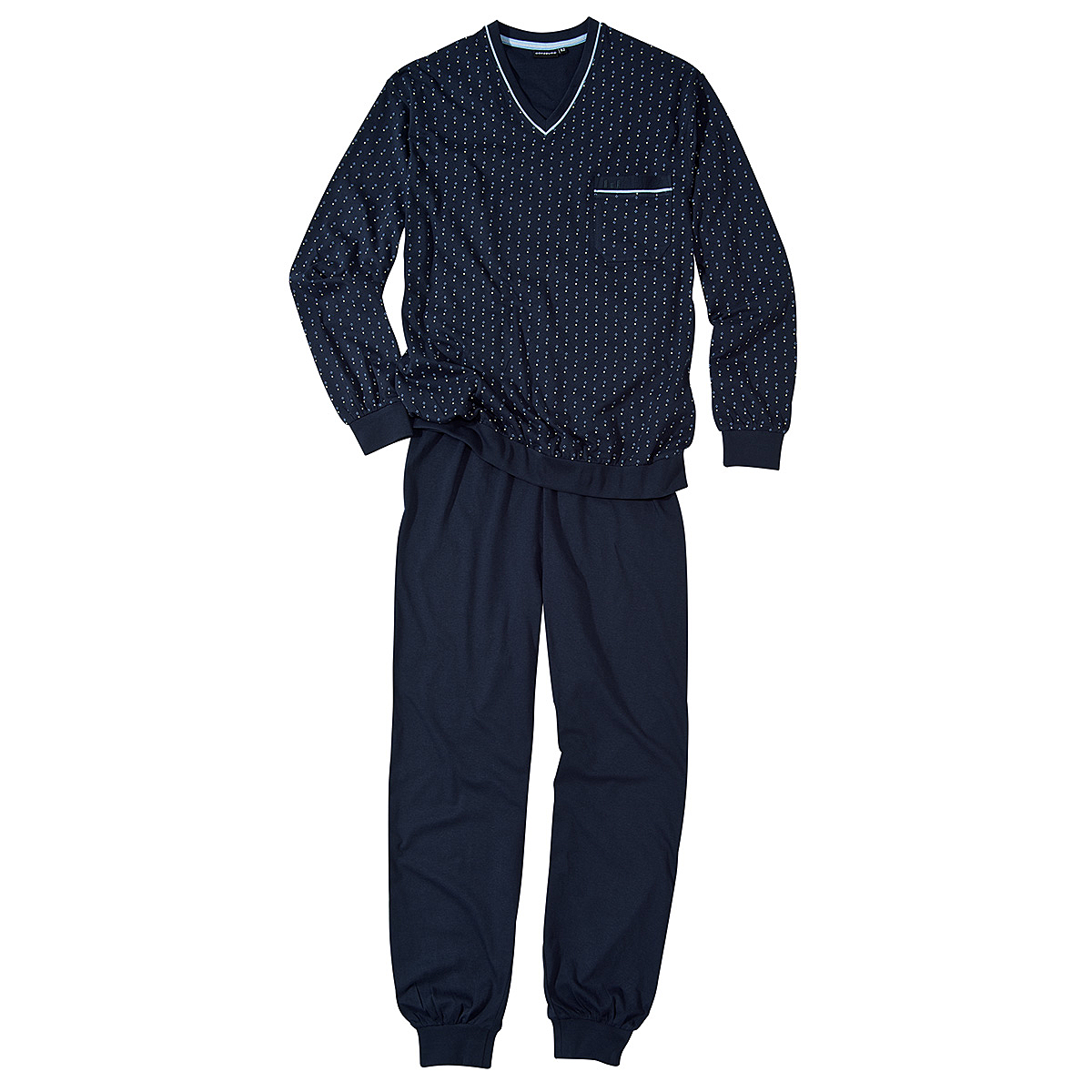 Götzburg | Pyjama | Schlafanzug Langarm | V-Kragen | Baumwolle | Marine  Azur | Größenspezialist Männermode