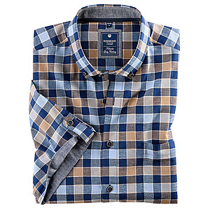 Redmond | Halbarmhemd Karo | Leinen-Baumwoll-Mix | Button-down-Kragen | Blau / Sand