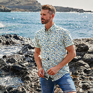 CasaModa | Sommerhemd Leinen-Mischung | Halbarm | Button-down-Kragen | Blau-Gr�n Druck