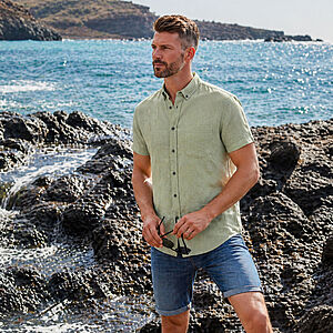CasaModa | Sommerhemd Leinen-Mischung | Halbarm | Button-down-Kragen | Gr�n
