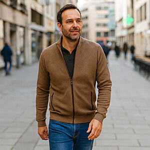 Redmond | College-Strickjacke | Struktur-Cardigan mit Reiverschluss | Baumwolle | Caf