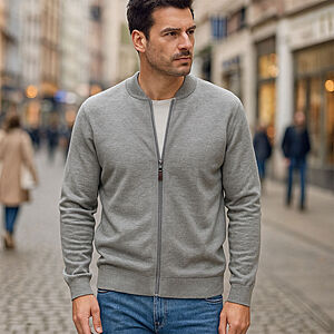Redmond | College-Strickjacke | Baumwoll-Cardigan mit Reiverschluss | Grau