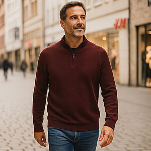 CasaModa | Pullover mit Troyer-Kragen | Baumwolle Strukturstrick | Burgund