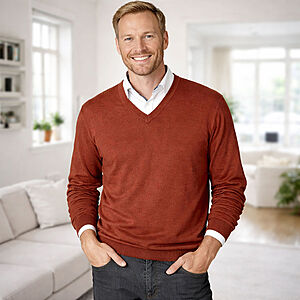 Pullover V-Kragen | Reine Schurwolle | Farbe cognac