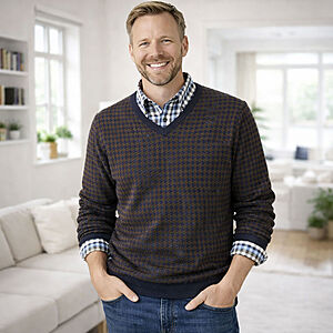 Pullover Hahnentritt V-Ausschnitt | Farbe marine/braun