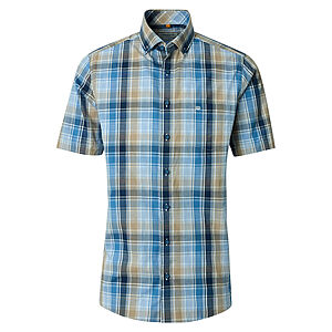 Redmond | Freizeithemd Kurzarm | Baumwolle | Button Down Kragen | Blau Karo