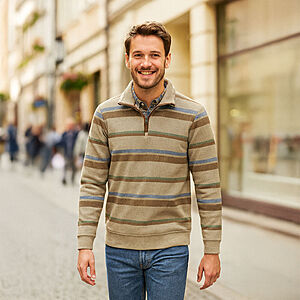Redmond | Troyer aus hochwertigem Baumwoll-Mix | Beige Streifen