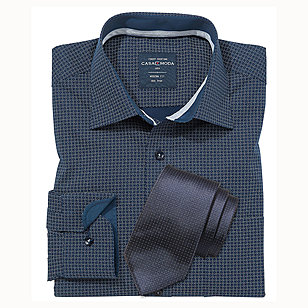 Business Hemd blau Minimaldruck + Seiden-Krawatte
