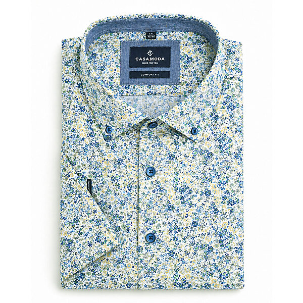 CasaModa | Sommerhemd Leinen-Mischung | Halbarm | Button-down-Kragen | Blau-Gr�n Druck