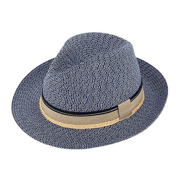 Fiebig | Strohhut | Fedora blau melange mit dreifarbigem Ripsband  