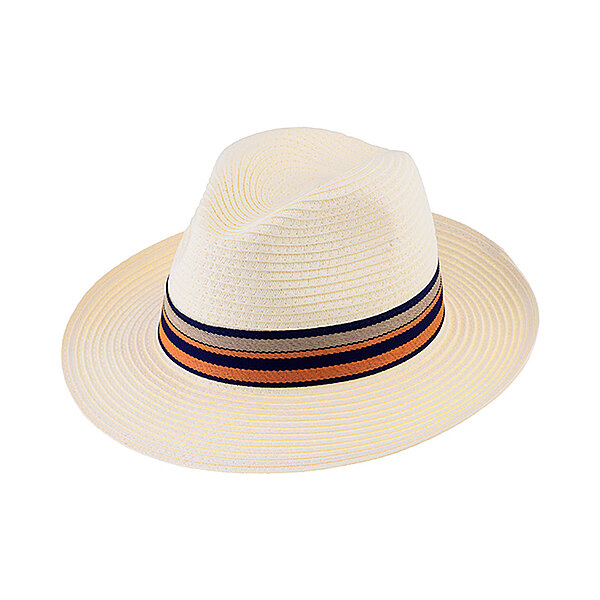 Fiebig | Strohhut | Fedora hell beige mit dreifarbigem Ripsband