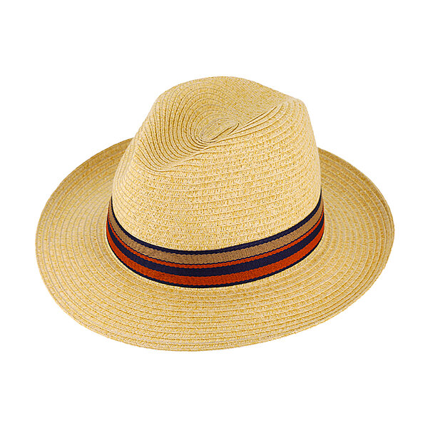 Fiebig | Strohhut | Fedora mit gestreiftem Ripsband | Beige