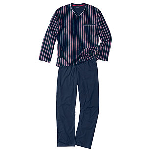 Götzburg | Pyjama | Schlafanzug Langarm | V-Kragen | Baumwolle | Marine Streifen