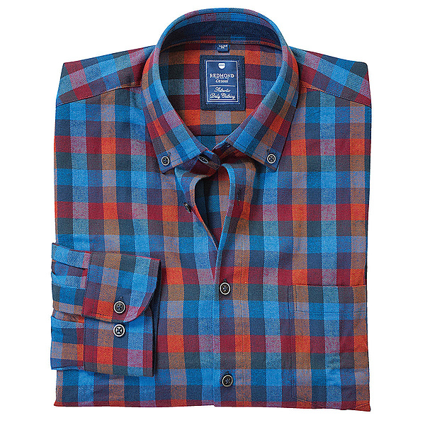 Redmond | Baumwoll-Flanell Karo-Hemd | Button-down Kragen | Blau