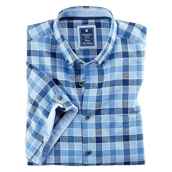 Redmond | Halbarmhemd Karo | Leinen-Baumwoll-Mix | Button-down-Kragen | Blau