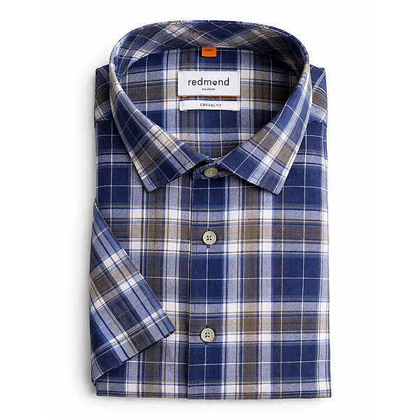 Redmond | Kurzarmhemd | Leinen Mix | Kent Kragen | Oliv Karo