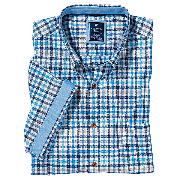 Redmond | Luftiges Sommerhemd | Halbarm kariert | Reine Baumwolle | Button down Kragen | Blau-Trkis