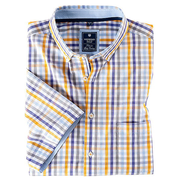 Redmond | Multicolor-Karo Hemd | Halbarm, reine Baumwolle | Button-down-Kragen | Mais