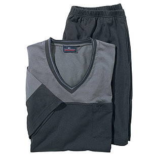 Schlafanzug Halb-Arm V-Kragen | Farbe schwarz/grau