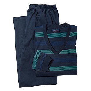Schlafanzug V-Ausschnitt, bügelfrei | Farbe blau grün