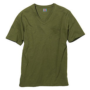 T-Shirt mit V-Ausschnitt und Brusttasche | Flamm-Garn Baumwolle | Farbe oliv
